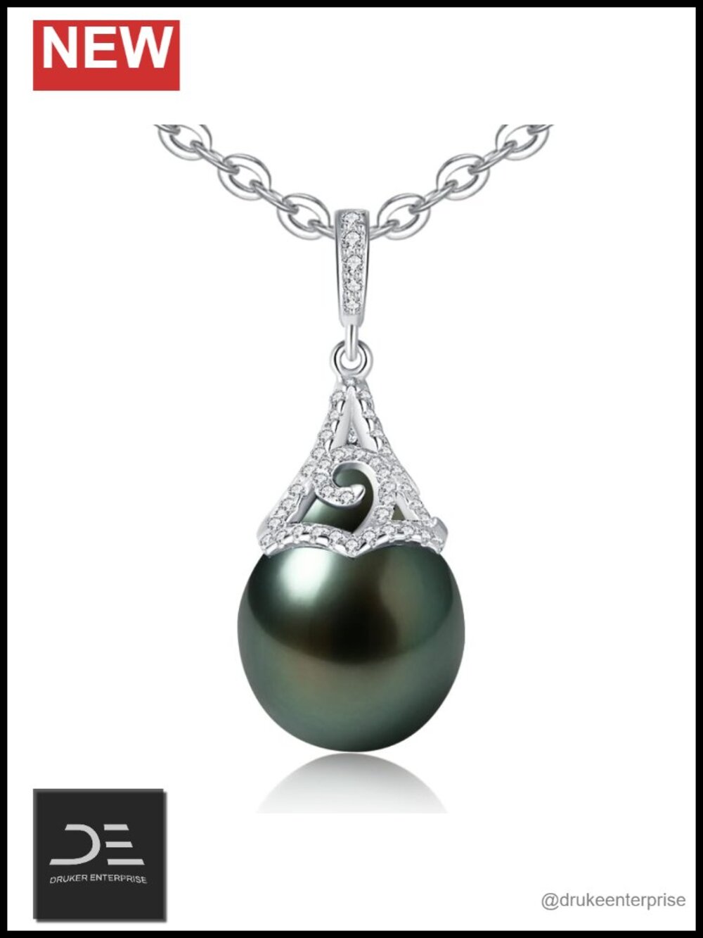 Tahitian Pearl Necklace Sterling Silver Moissanite Pendant 9-10mm